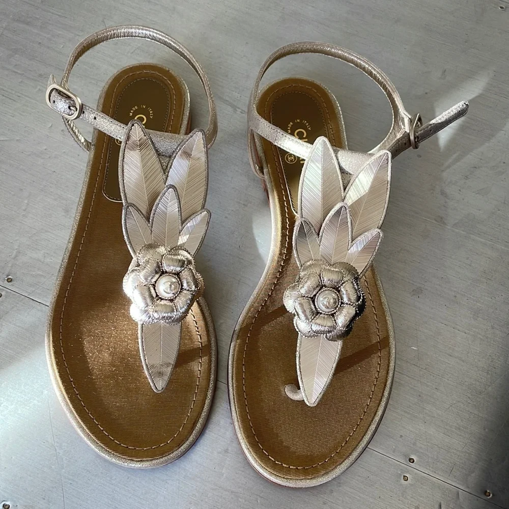 Chanel gold wing thong sandal goatskin metallic flats sz 36